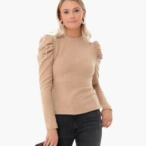 Pomander Place Tuckernuck pearl puff sleeve sweater size XS tan crew neck